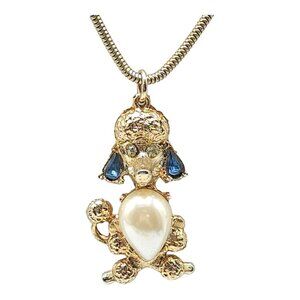 Blue Rhinestone Dog Pendant Snake Chain Necklace Faux Pearl Textured Gold Tone